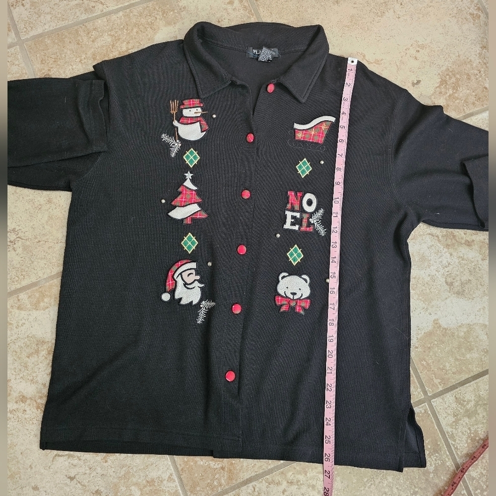 Planet & Company Women XL Black Christmas Cardigan Santa Snowman Plaid Applique - Picture 6 of 6